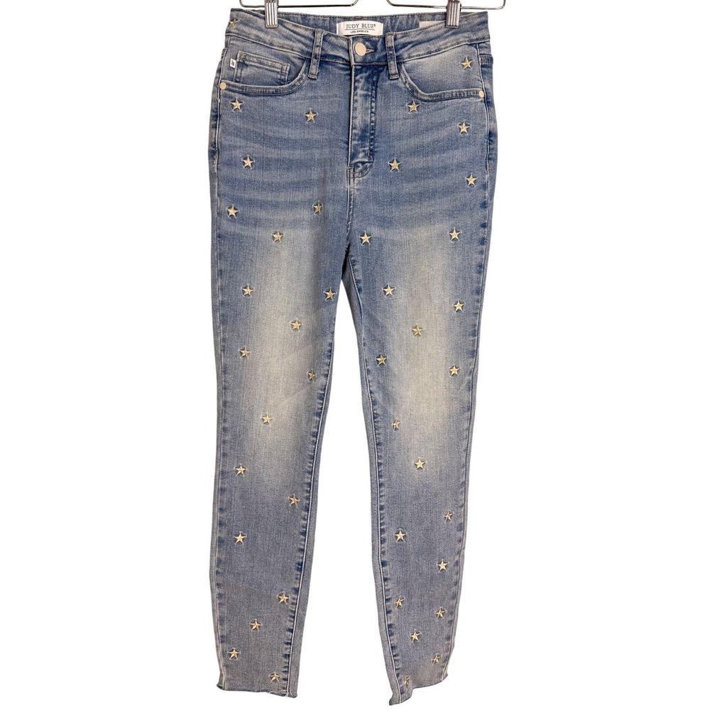 Judy Blue Jeans Light Wash Skinny Fit Star Embellished Distressed Raw Hem Size27